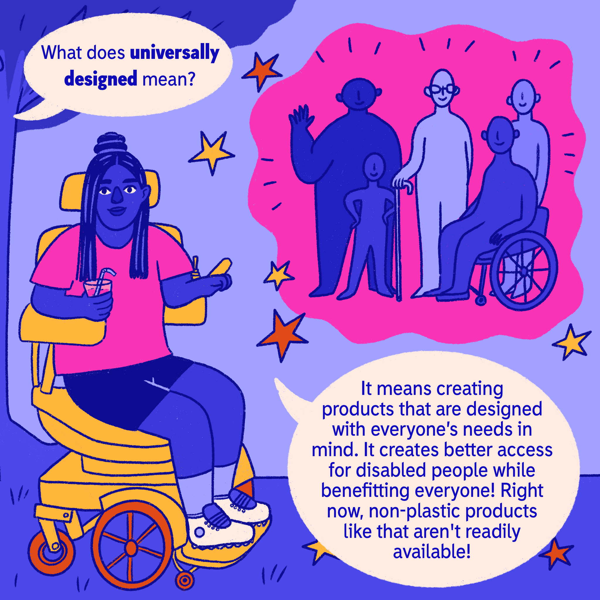 Comic panel 3:  They explain that universally designed means creating products that are designed with everyone's needs in mind.